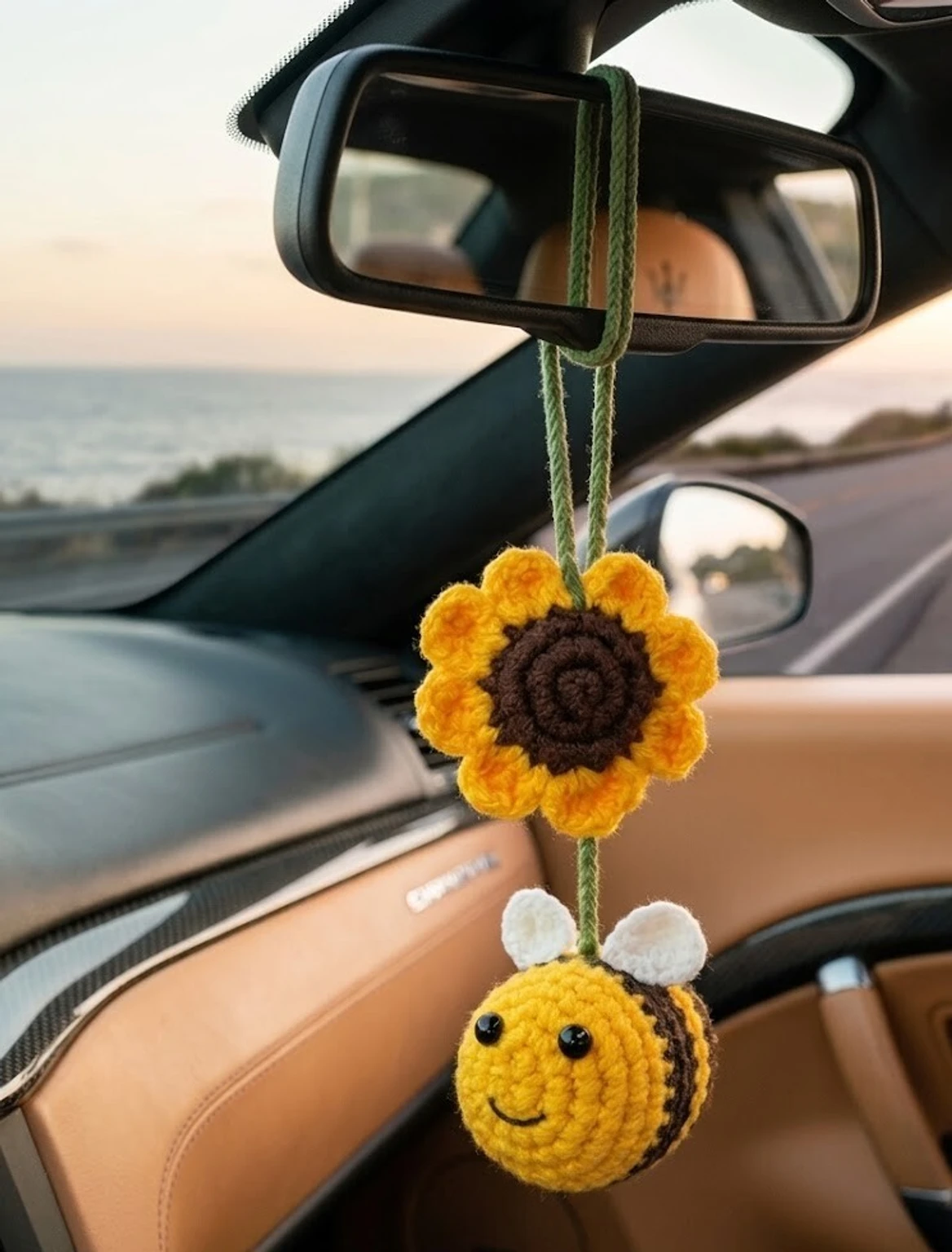 Handmade Crochet Sunflower and Honeybee Car Hanging