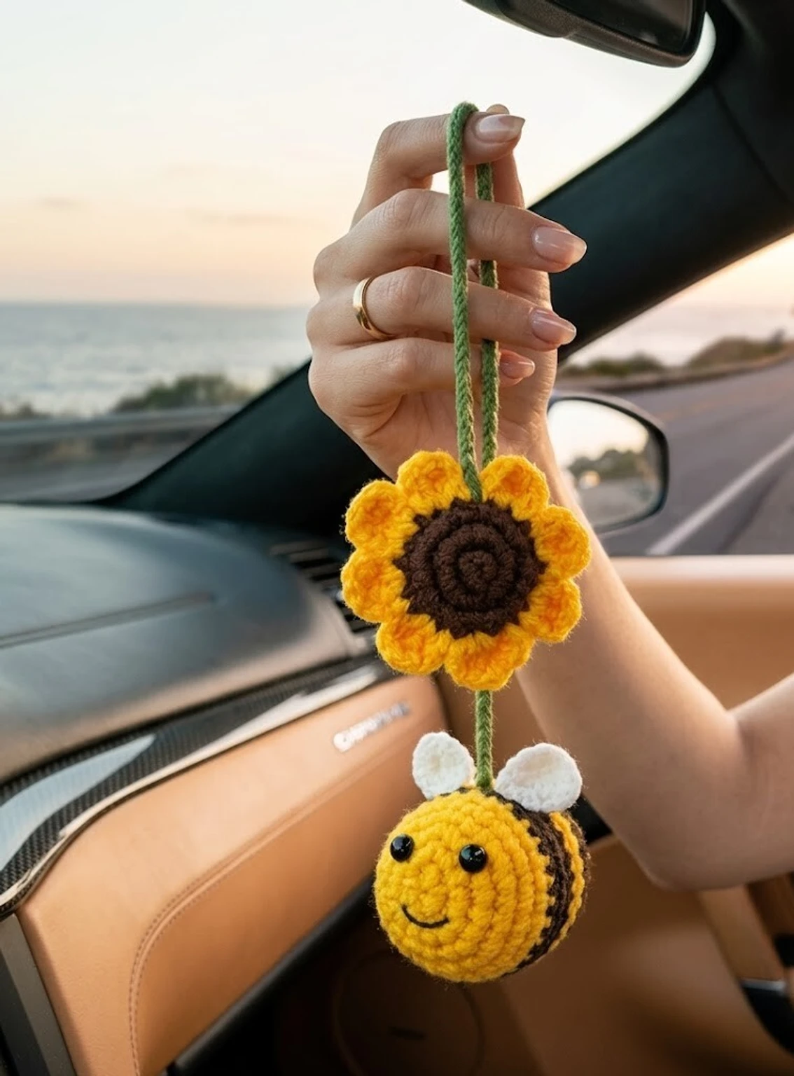 Handmade Crochet Sunflower and Honeybee Car Hanging