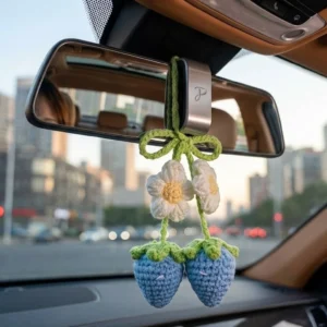 Crochet Sky Blue Strawberry and Daisy Flower Car Hanging Ornament