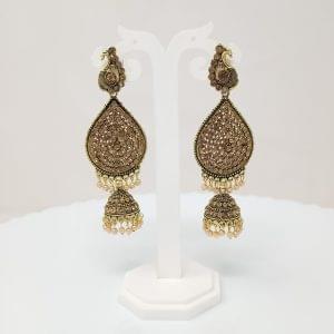 leaf design long stone studded pearl beaded earrings