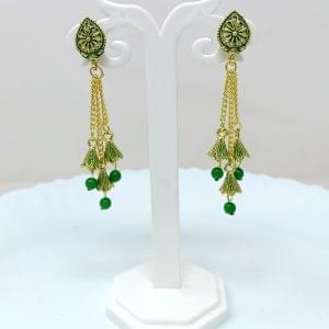 gold plated circle design danglers drops jhumka earring green