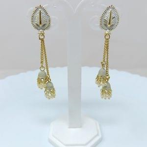 gold plated leaf studded long drop earrings black