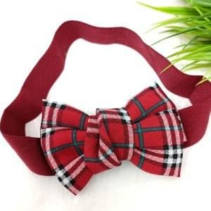 checked knot bow elastic hairband maroon