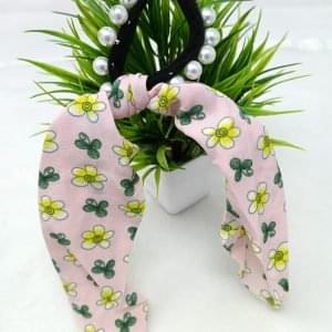 pearl studded flower printed ponytail holder baby pink