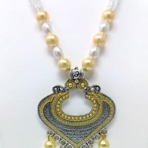 yellow long necklace with stud earrings