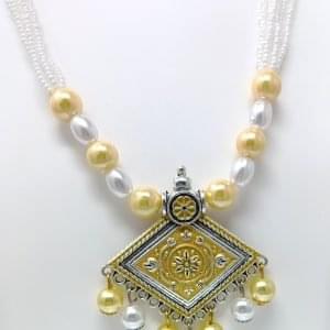 yellow long necklace with stud earrings