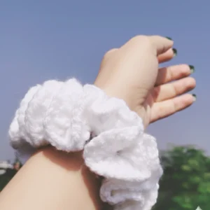 White Handmade Knitted and Crochet Scrunchie hair tie for women and girls (Pack of 1) 1