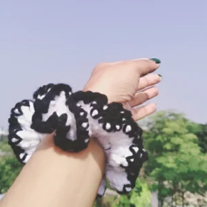 white and black handmade crochet scrunchies1