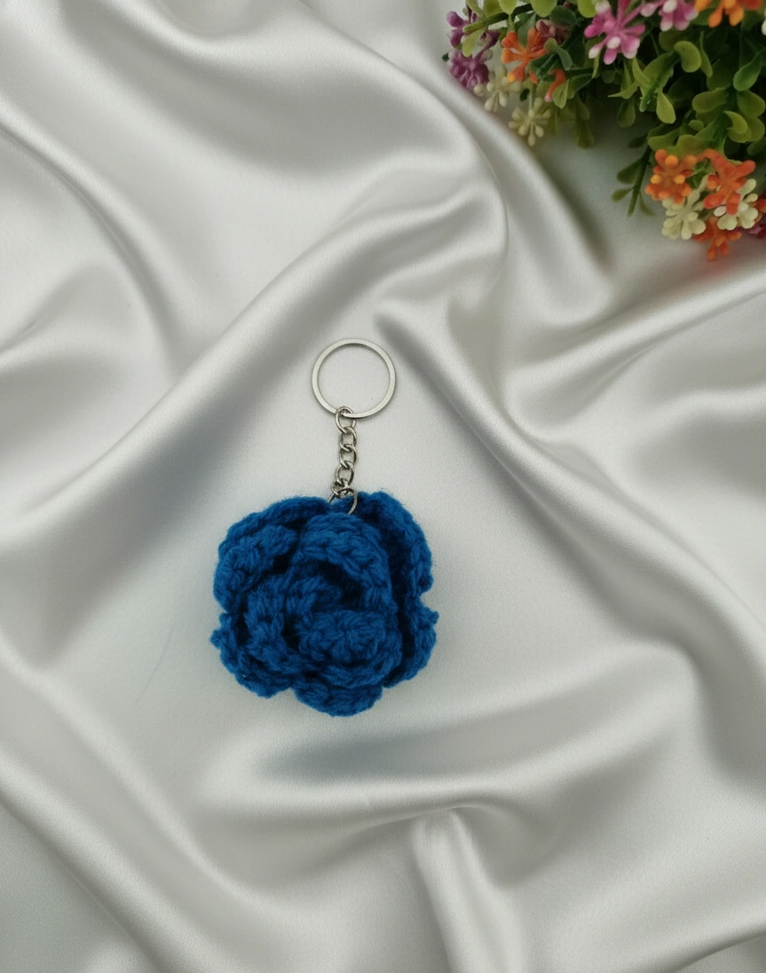 Handmade Knitted and Crochet Blue Rose keychain for women and girls (Pack of 1)