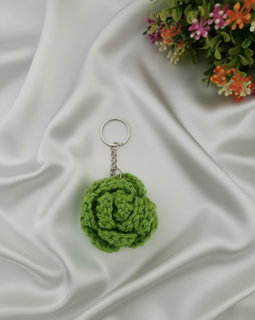 Handmade Knitted and Crochet Green Rose keychain for women and girls (Pack of 1)