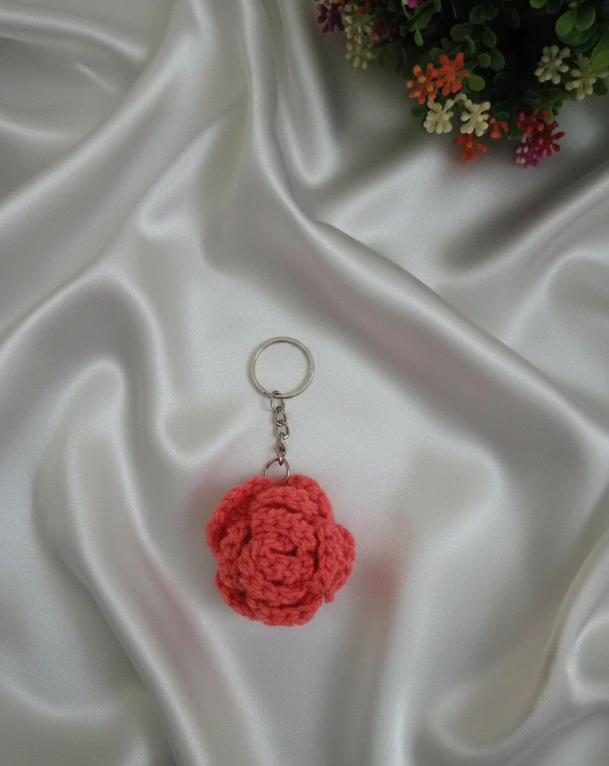 Handmade Knitted and Crochet Coral Rose keychain for women and girls (Pack of 1)