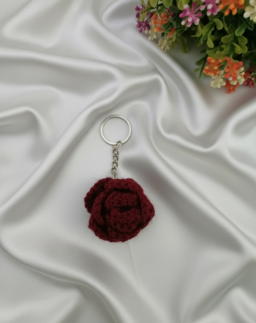 Handmade Knitted and Crochet Maroon Rose keychain for women and girls (Pack of 1)