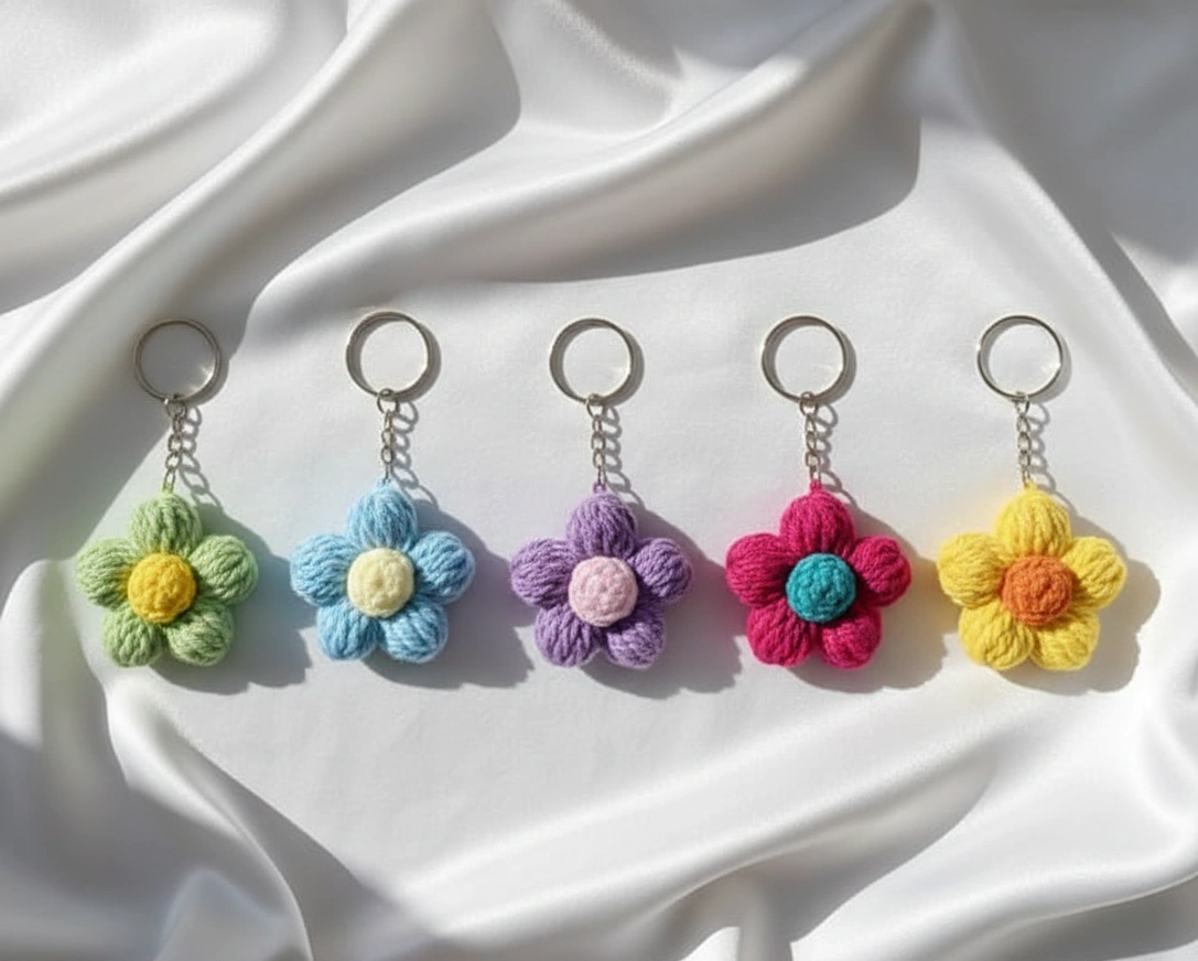 Handmade Knitted and Crochet Puff Flower keychains for women and girls (Pack of 5)